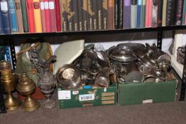 Large collection of silver plated ware, ewer, two brass oil lamps, etc.