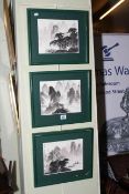 Set of three Chinese ink landscape paintings, 17cm by 21cm.