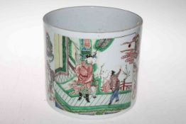 Large Chinese polychrome brush pot with panels of figure decoration and dragons, 18cm high.