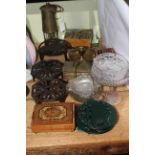 Protector miner lamp, Bonzo dog and other trivets, brass box, glass, etc.