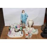 Four Continental porcelain figures including a young Napoleon with crest 28cm high, maiden vase,