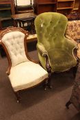 Victorian walnut framed nursing chair and Victorian rosewood framed armchair (2).