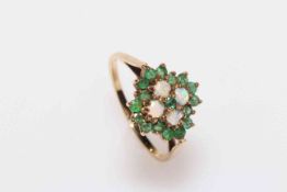 Opal and emerald cluster 9 carat gold ring, size S.