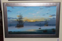 Les Jason Spence, Ships at Anchor, oil on canvas, signed lower left, 45cm by 75cm, framed.