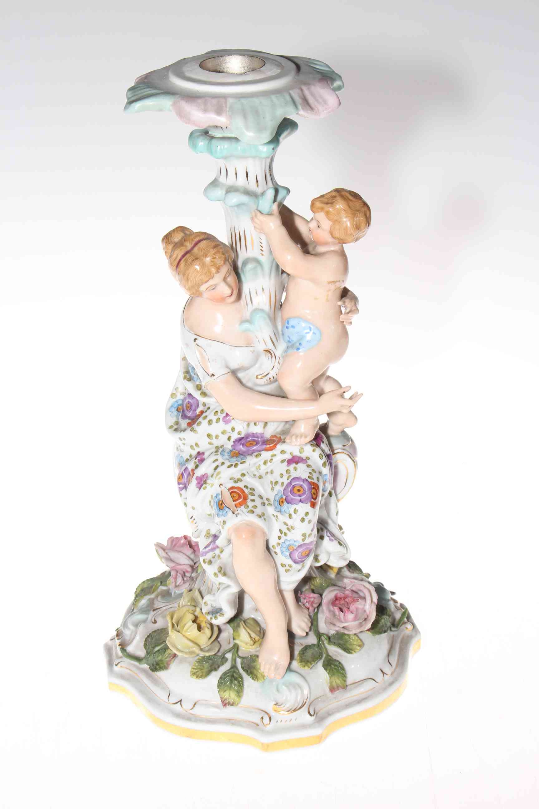 Continental porcelain mother and child candle/centre piece stand, 33cm.