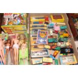 Interesting toy collection including Dinky and Corgi vehicles, Hornby Minitrix, Barbie doll, etc.