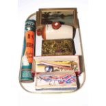 Tray lot with old brass padlocks, needlework items, small pictures, vintage shuttlecocks, etc.