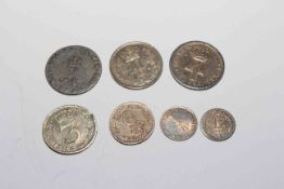 Collection of Maundy silver coins including 1727 George II (2d, 3d and 4d),