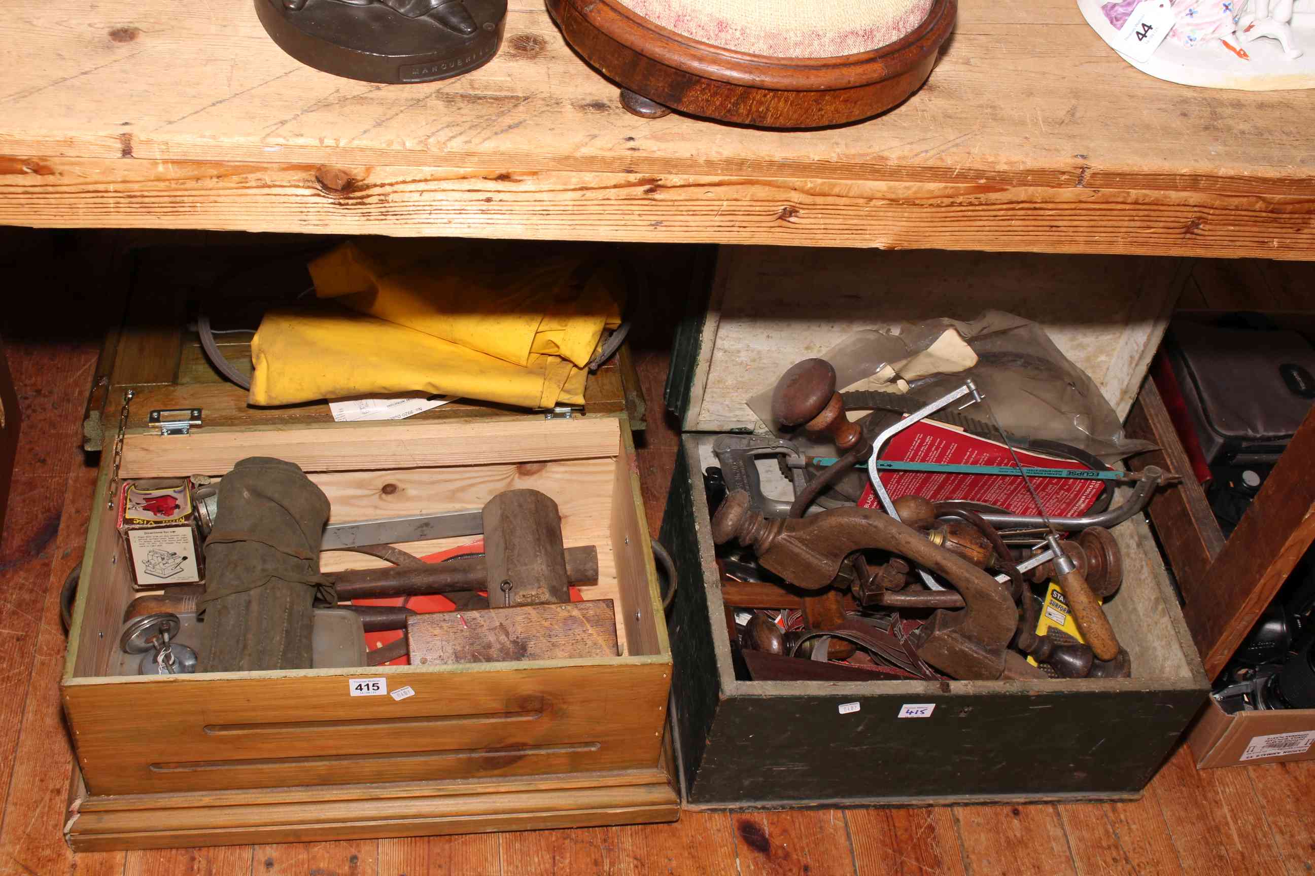 Two tool boxes and tools including vintage hand drills, drill bits and miscellaneous.