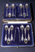 Two late Victorian cased sets of silver teaspoons and tongs, Sheffield 1896 and 1898.