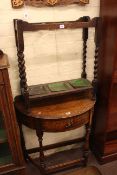 1920's oak Demi Lune hall table, oak barley twist stick stand and oak three tier cakestand (3).