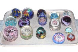 Collection of sixteen glass paperweights including Millefiori.