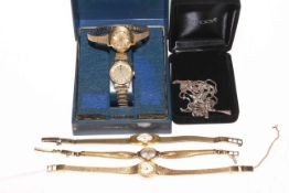 Two silver cross pendants with chains, and collection of five ladies bracelet watches.