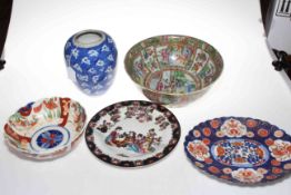 Chinese Canton bowl, blossom ginger jar, Imari bowl and two plates (5).