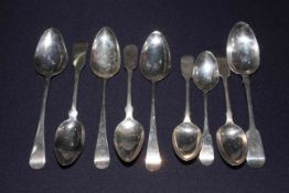 Collection of five Georgian silver tablespoons, and four other mostly 19th Century spoons (9).