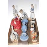 Tray lot with figures, ornaments and vases including Lladro, Nao, Royal Doulton and Wedgwood.