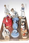 Tray lot with figures, ornaments and vases including Lladro, Nao, Royal Doulton and Wedgwood.