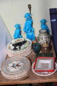 Turquoise Foo dog table lamp and side pieces, Masons Chaucer plates, Wedgwood calendar plates,