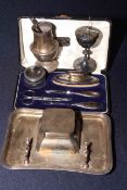 Silver inkstand, Birmingham 1946, together with manicure set, small cup,