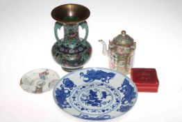 Oriental wares including large cloisonne vase, Canton teapot, blue and white dish,