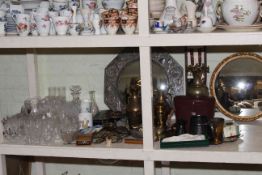 Collection of brassware including horsebrasses, two mirrors, cased binoculars, various glassware,