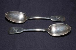 Pair Exeter hallmarked Victorian silver fiddle pattern tablespoons, RW, JW, JW, 1846.