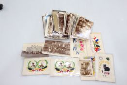 Collection of postcards including embroidered military silks (good luck black cat,
