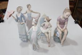 Four large Lladro figures, Seated Ballerina, Girl with Parasol, Girl in Long Gown and Flapper,