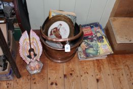 Pair small oval needleworks, copper coal helmet, 1950's Practical Motorist magazines, scent bottle,