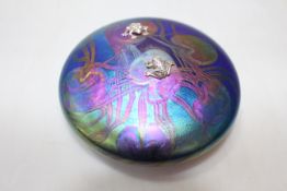 John Ditchfield lily paperweight with two silver frogs, 12cm diameter.