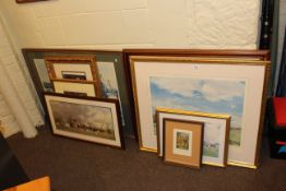 Collection of eight framed prints including four golfing.