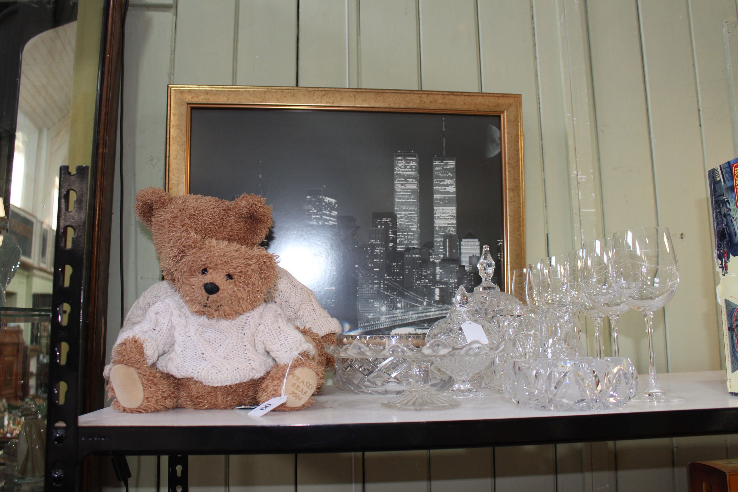 Two Fraser teddy bears, collection of crystal glassware and a print.