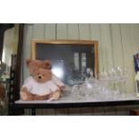 Two Fraser teddy bears, collection of crystal glassware and a print.