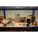 Heavy brass bull and dog, claret jugs, decanters, crockery, glassware, jardiniere and stand,
