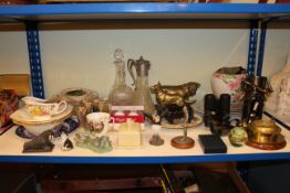 Heavy brass bull and dog, claret jugs, decanters, crockery, glassware, jardiniere and stand,