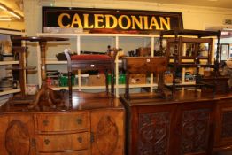 Oval mahogany pedestal occasional table, piano stool, small drop leaf table, barley twist trolley,