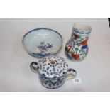 Antique Delft posset pot and cover, blue and white bowl, and vase (3).