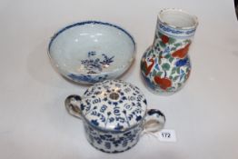 Antique Delft posset pot and cover, blue and white bowl, and vase (3).