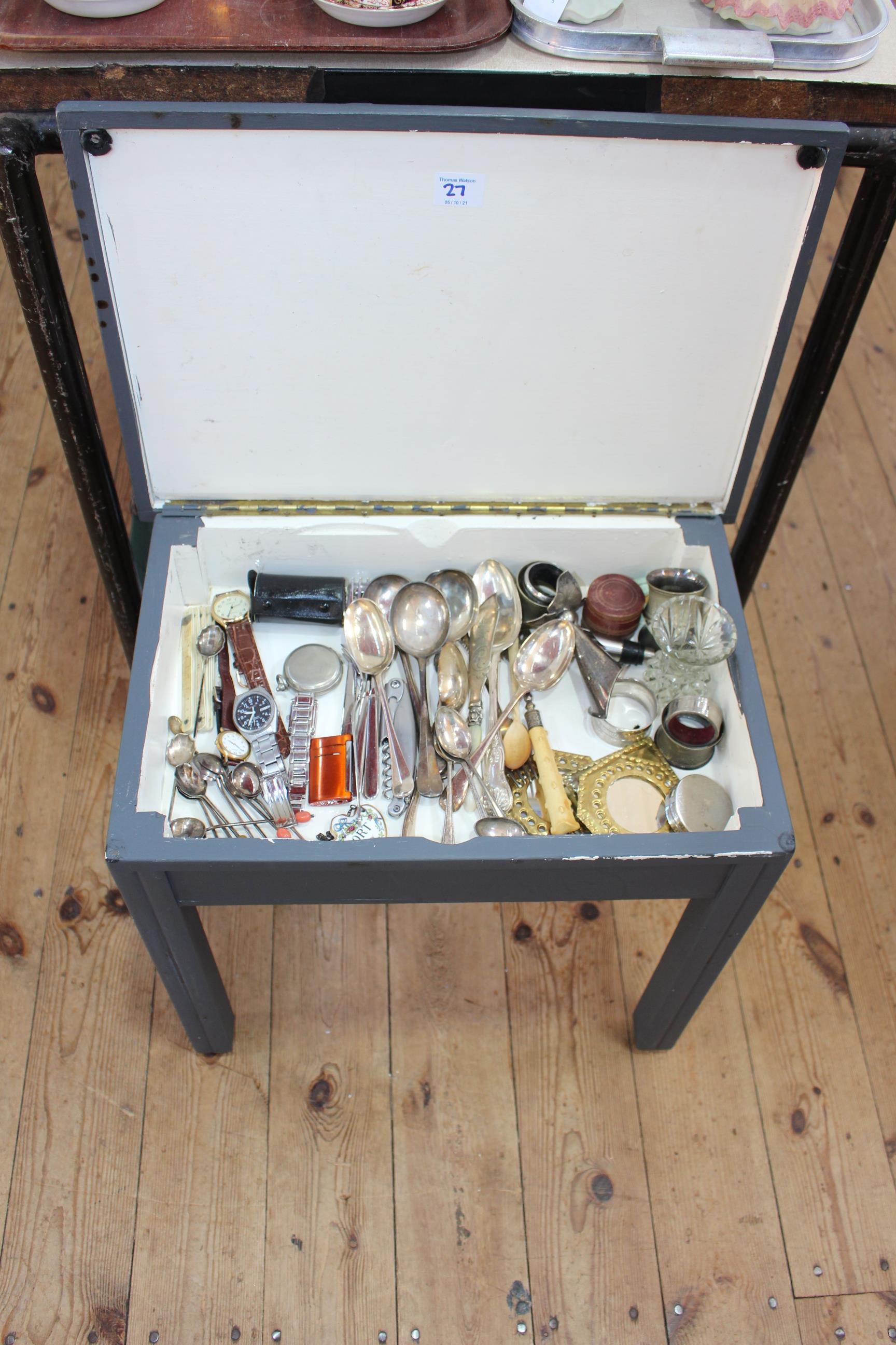 Box stool containing cutlery, watches etc, and box of china, glass, lamp, etc. - Image 2 of 2