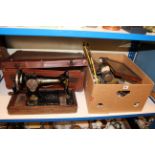 Box of metalwares, vintage Singer hand sewing machine, two vintage typewriters, Port gramophone,