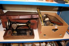 Box of metalwares, vintage Singer hand sewing machine, two vintage typewriters, Port gramophone,