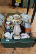 Box stool containing cutlery, watches etc, and box of china, glass, lamp, etc.