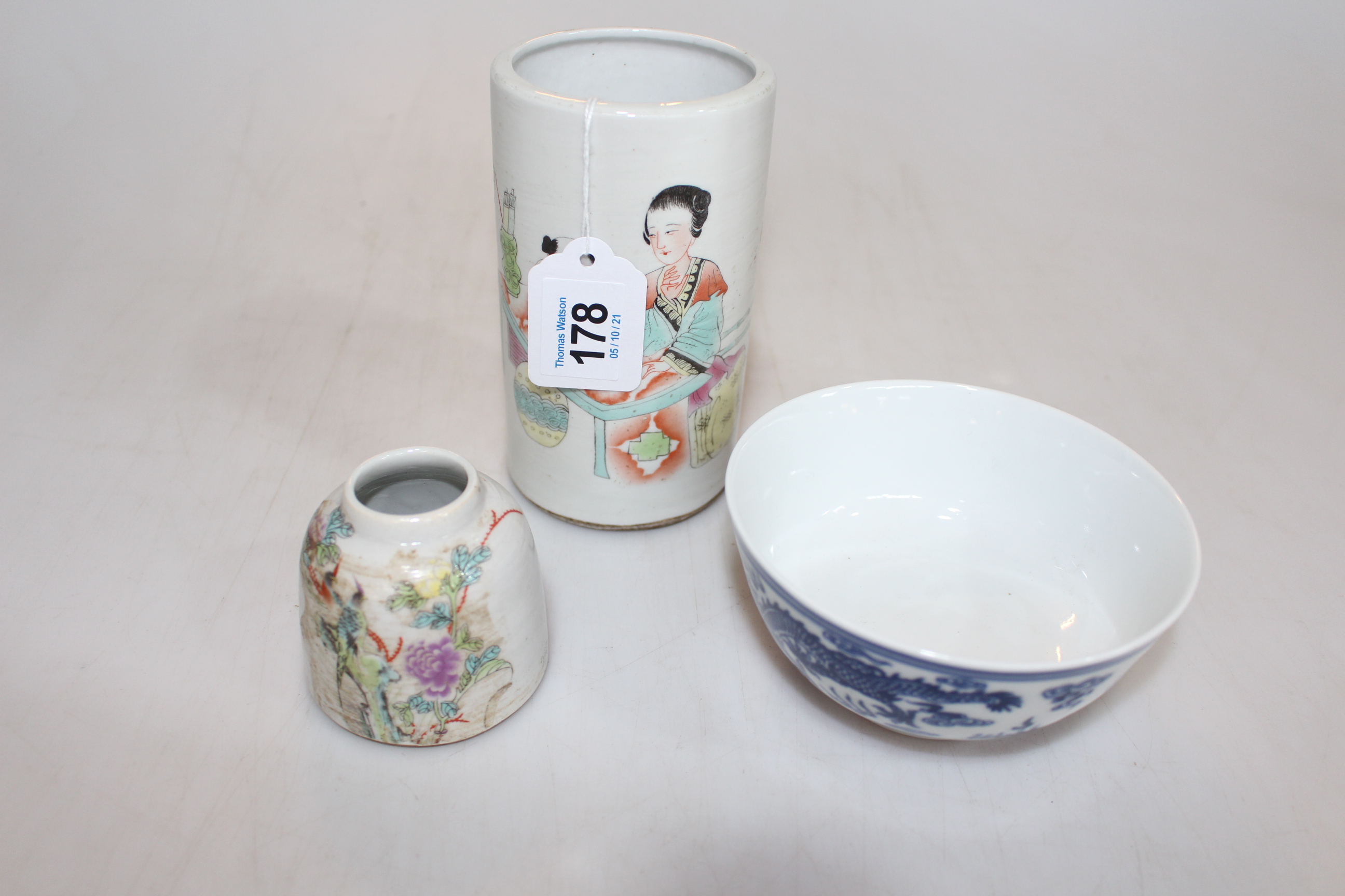 Chinese polychrome brush pot and brush washer, and blue and white bowl (3).