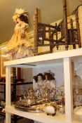 Indian brass topped table, two pictures, three costume dolls, silver plate, lamp vase and cover,