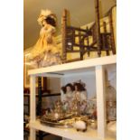 Indian brass topped table, two pictures, three costume dolls, silver plate, lamp vase and cover,