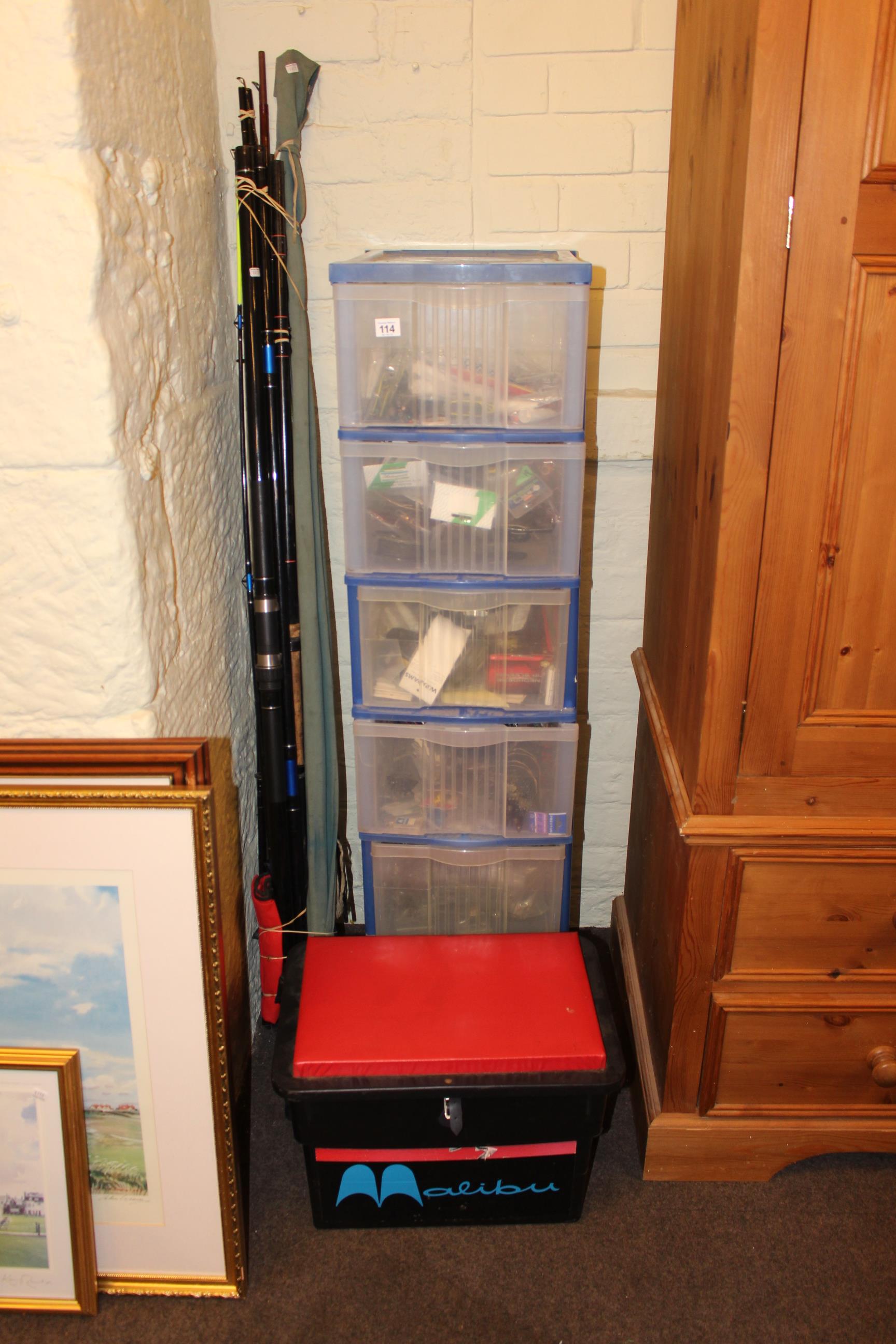 Collection of fishing rods, tackle box and fishing tackle including some as new.