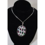 Fine diamond, emerald, ruby and sapphire 18 carat white gold pendant, 3.5cm by 2.