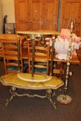 Three various onyx and gilt tables, standard lamp and collection of shades.