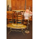 Three various onyx and gilt tables, standard lamp and collection of shades.