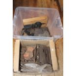 Two boxes of early metalware including locks, etc.